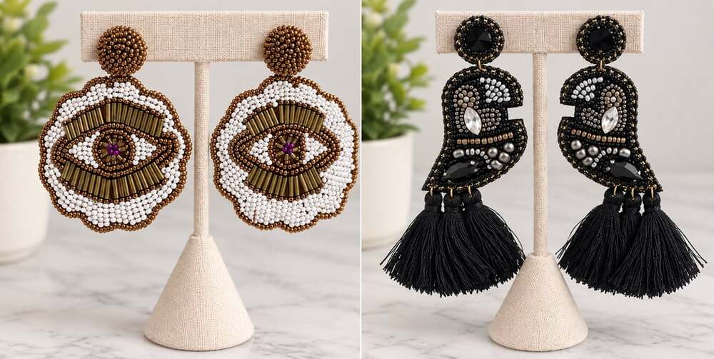 Kay Lee 2 pair Earring Bundle – Evil Eye & Beaded Bird Tassel Earrings